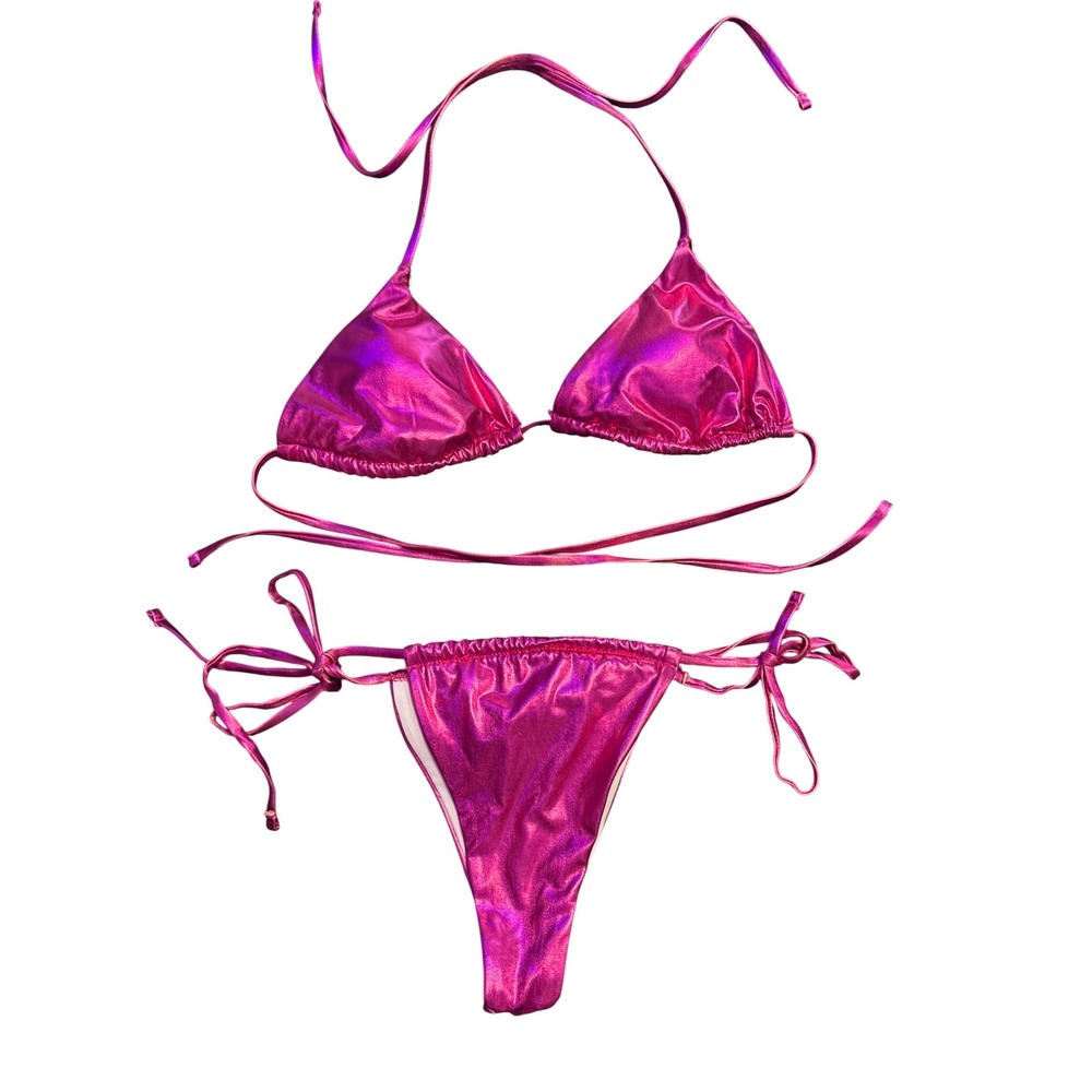 Metallic Hot Pink Triangle String Bikini Swimsuit High Cut Thong Bottom Size M